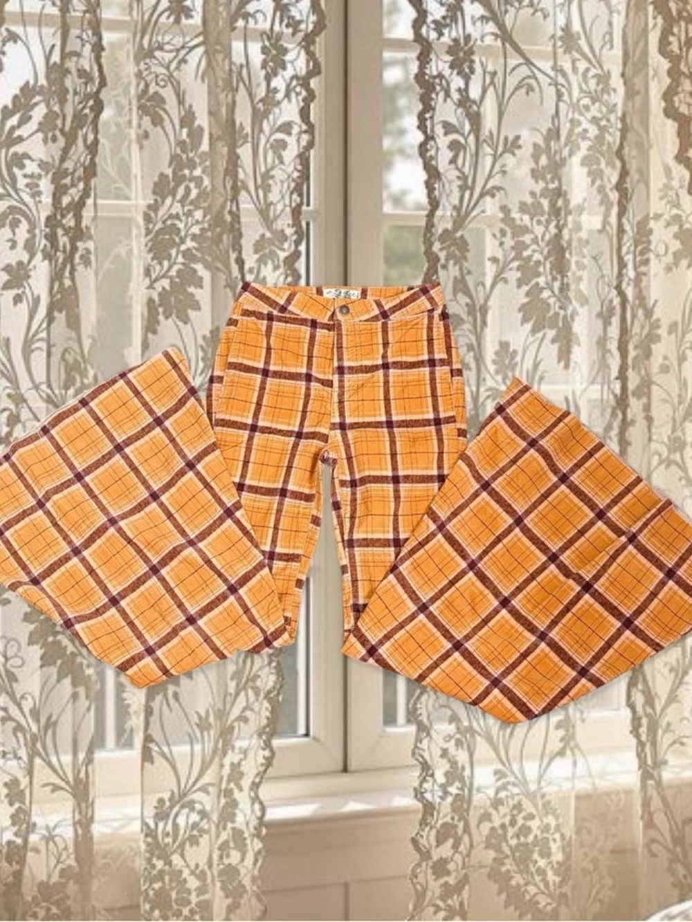 Free People Cottagecore Boho Corduroy Orange Plaid Flare Pants